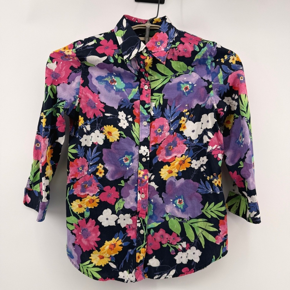 Lauren Ralph Lauren Button Down Blouse Shirt Womens S Navy Blue Colorful Floral - Picture 3 of 11